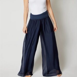 Silk-blend Wide-Leg Navy Pants with Fold-Over Waist